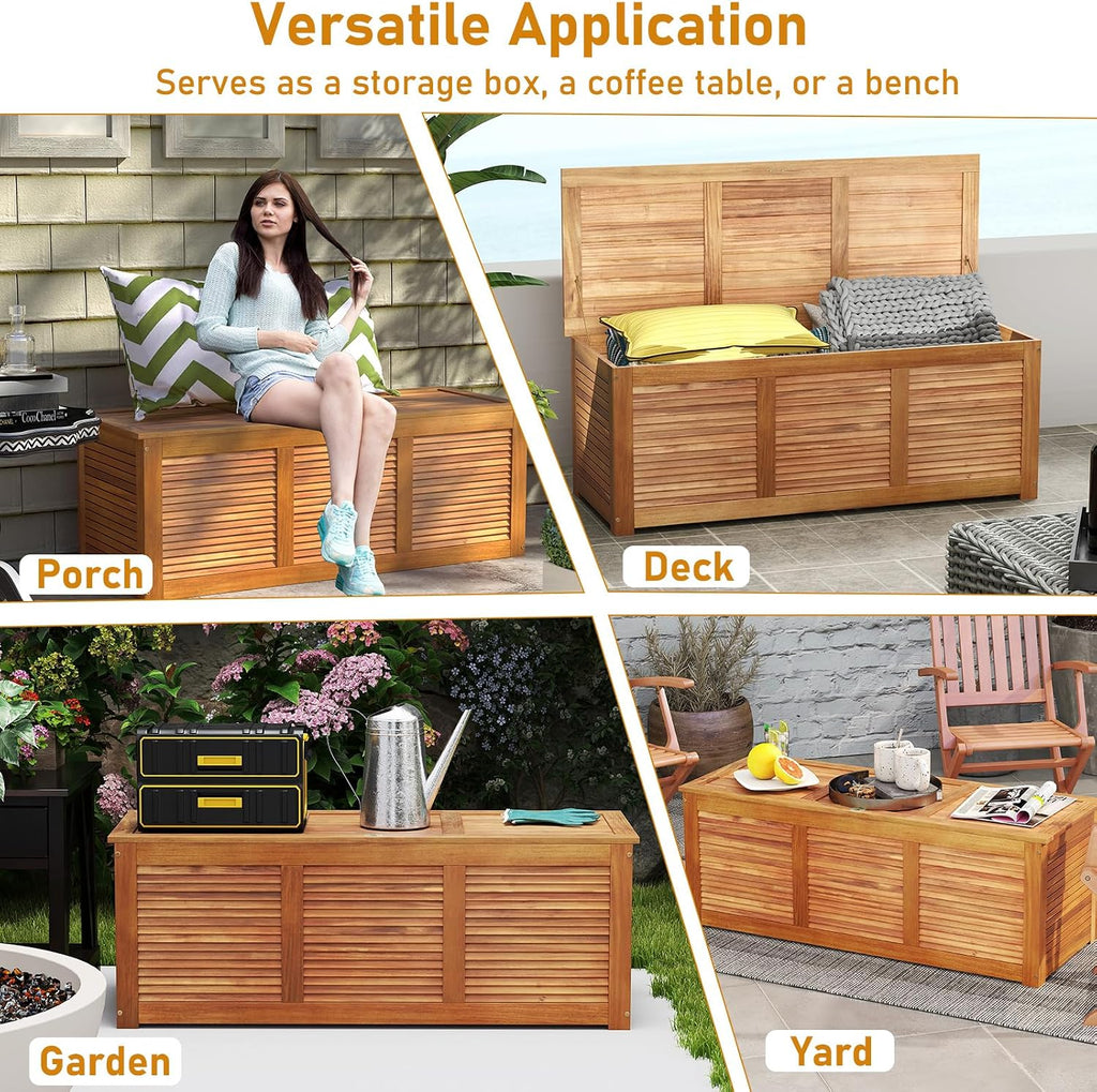 RELAX4LIFE Deck Box Acacia Wood, 46 Gallon Backyard Storage Bin Container for Patio Furniture Cushions, Pillows, Garden Tools, Pool Accessories, Wooden Porch Bench, Indoor Outdoor Storage Box (46 Gal)