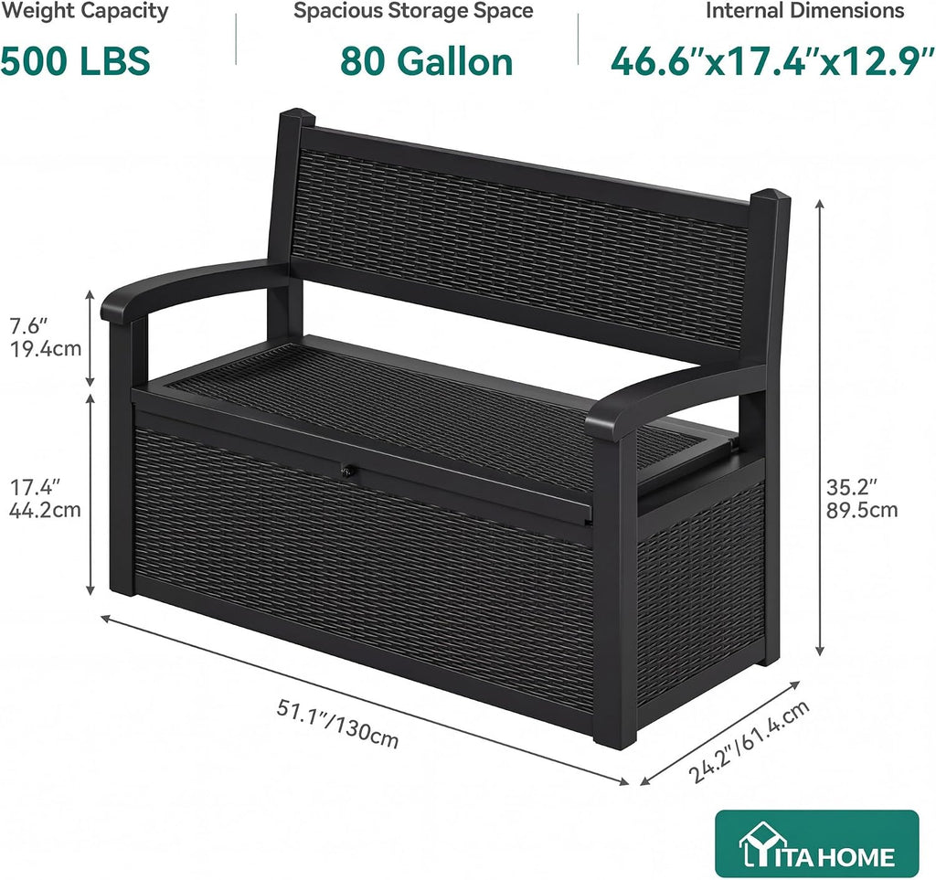 YITAHOME 80 Gallon Storage Bench Deck Box, Lockable Patio Bench with Hidden Storage, Waterproof Outdoor Pool Deck Storage for Patio Cushions, Garden Tools and Pool Supplies, Black