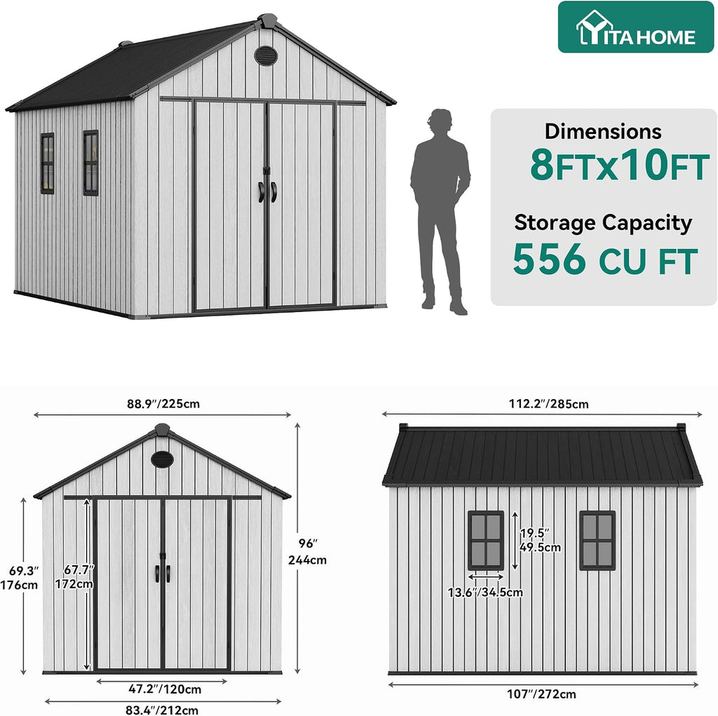 YITAHOME 8x10 FT Outdoor Storage Shed with Floor, Extra Thick Plastic Garden Shed for Bikes Tools Supplies, Waterproof Resin Shed with Lockable Doors, 2 Vision Windows & Vents for Patio, Gray
