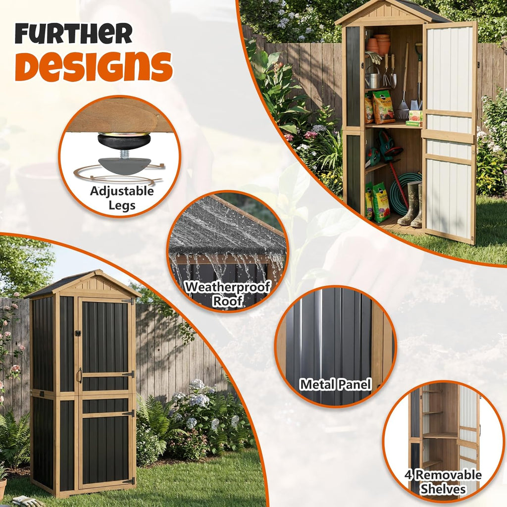 4-Tier Metal & Wood Outdoor Storage Cabinet with Reinforced Frame, Weatherproof Asphalt Roof, Adjustable Shelves, Lockable Doors for Patio, Garden, Garage Organization