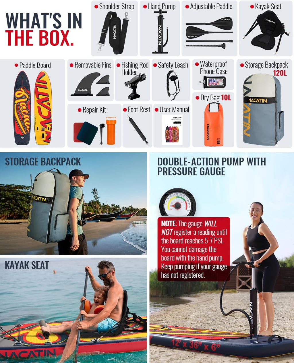 NACATIN 12'/366cm Extra Large Inflatable Stand Up Paddle Board with Seat, Wide 36'/91cm SUP Board for Adults & Family, with Single/Double Paddle, Kayak Seat, Pump, Stable Wide Deck for Beginners