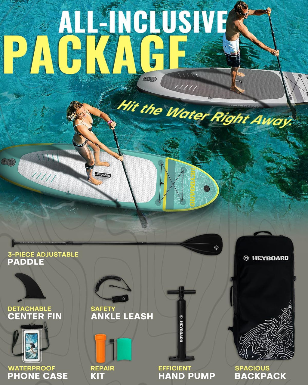 HEYBOARD Inflatable Stand Up Paddle Board 10'6'×32'×6' Standup Paddleboard with Premium SUP Accessories & Backpack, Non-Slip Deck, Waterproof Bag, Leash, Paddle, Hand Pump