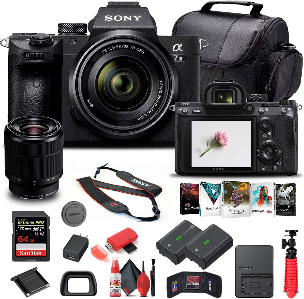 Sony Alpha a7 III Mirrorless Digital Camera with 28-70mm Lens (ILCE7M3K/B) + 64GB Memory Card + NP-FZ-100 Battery + Corel Photo Software + Case + External Charger + Card Reader + More (Renewed)