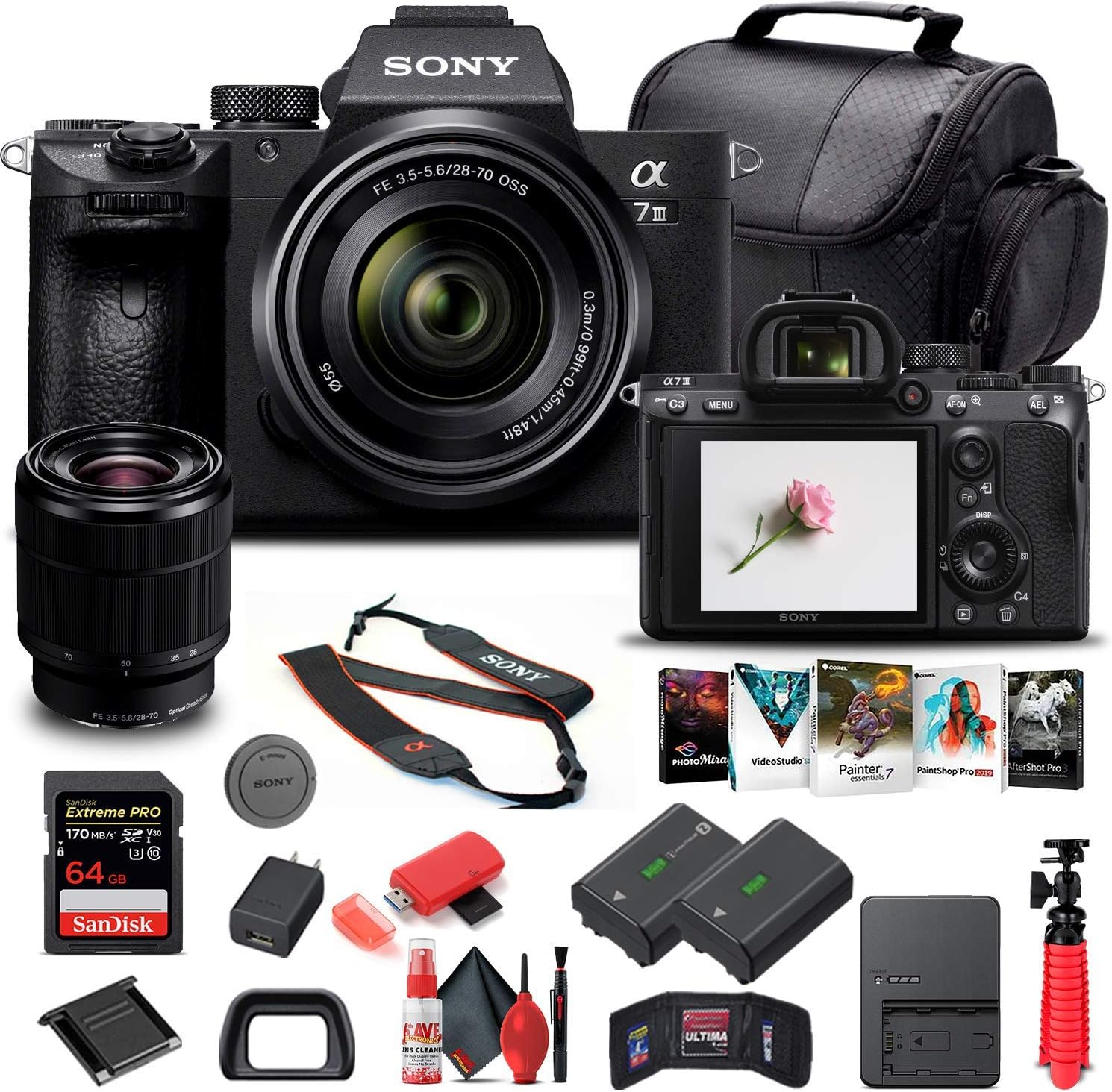 Sony Alpha a7 III Mirrorless Digital Camera with 28-70mm Lens (ILCE7M3K/B) + 64GB Memory Card + NP-FZ-100 Battery + Corel Photo Software + Case + External Charger + Card Reader + More (Renewed)