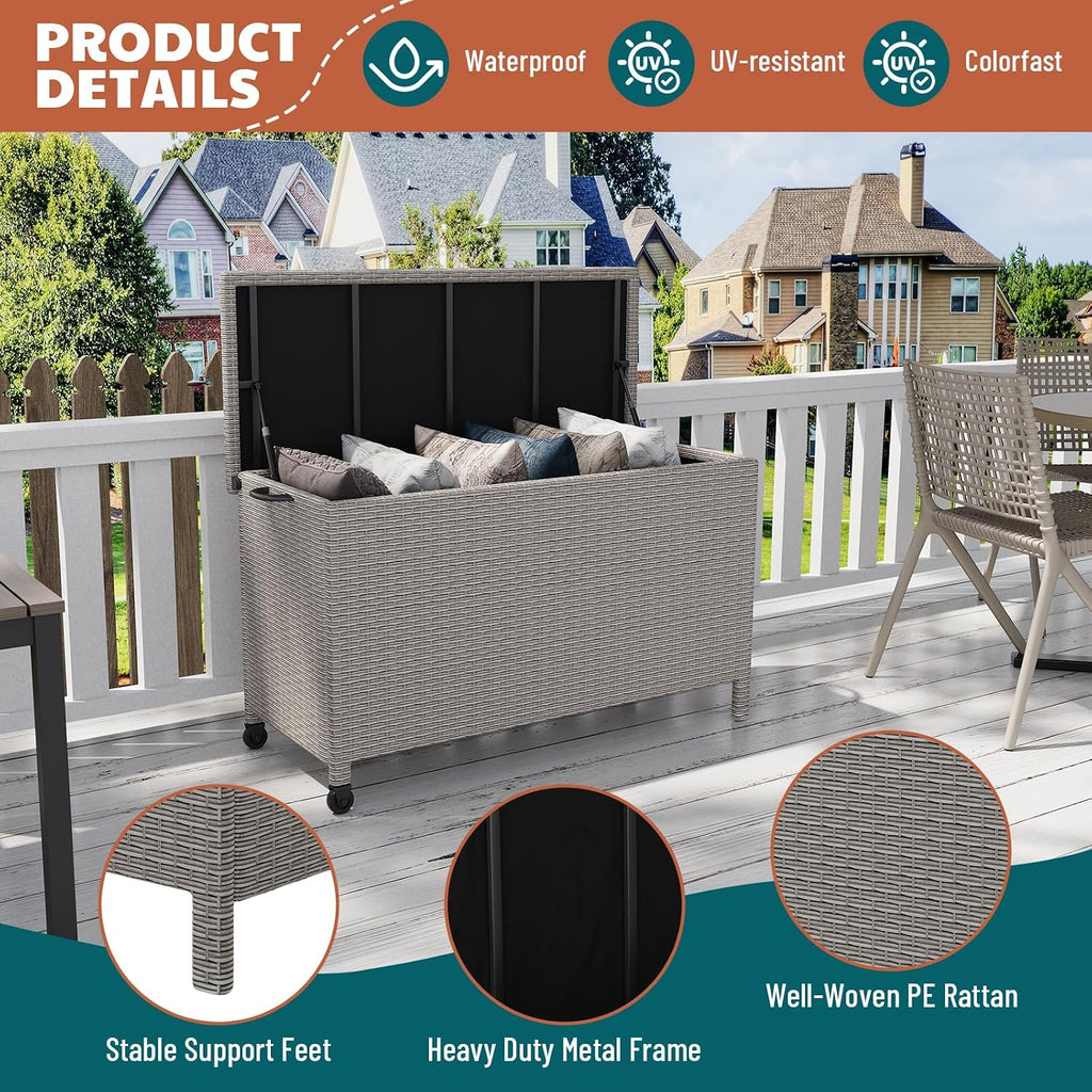 120 Gallon Rattan Deck Box, Outdoor Storage Box With Wheels and Handle, Waterproof Large Storage Bench Organizer for Patio Backyard Cushions, Pool Supplies and Garden Tools, Grey