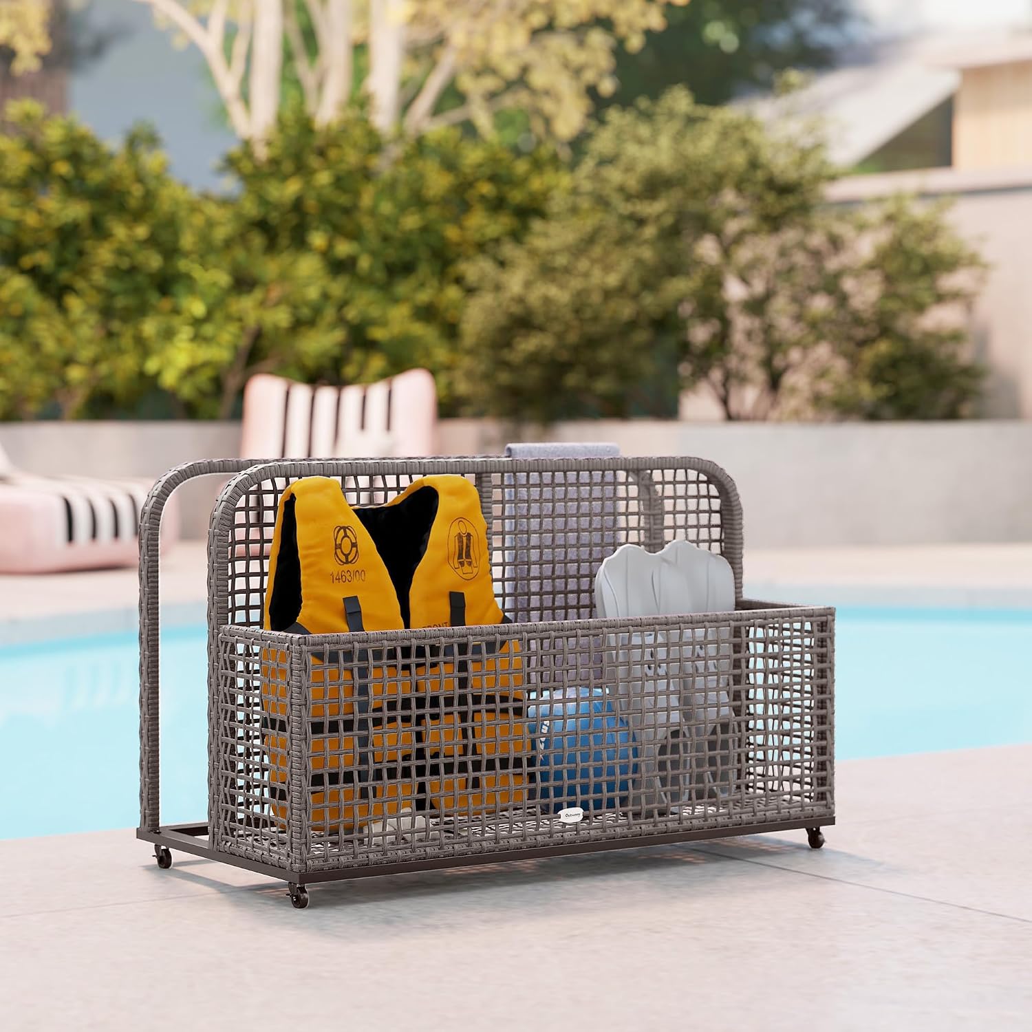 Outsunny Patio Wicker Pool Float Storage with Wheels, Outdoor Rolling PE Rattan Pool Caddy, Includes Compartment and Basket, for Pool, Garden, Deck, Light Gray