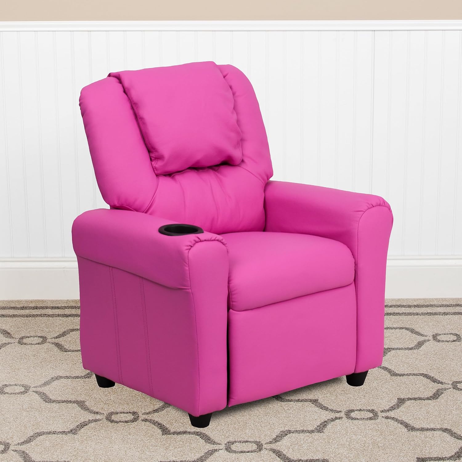 Flash Furniture Vana Vinyl Kids Recliner with Cup Holder, Headrest, and Safety Recline, Contemporary Reclining Chair for Kids, Supports up to 90 lbs., Hot Pink