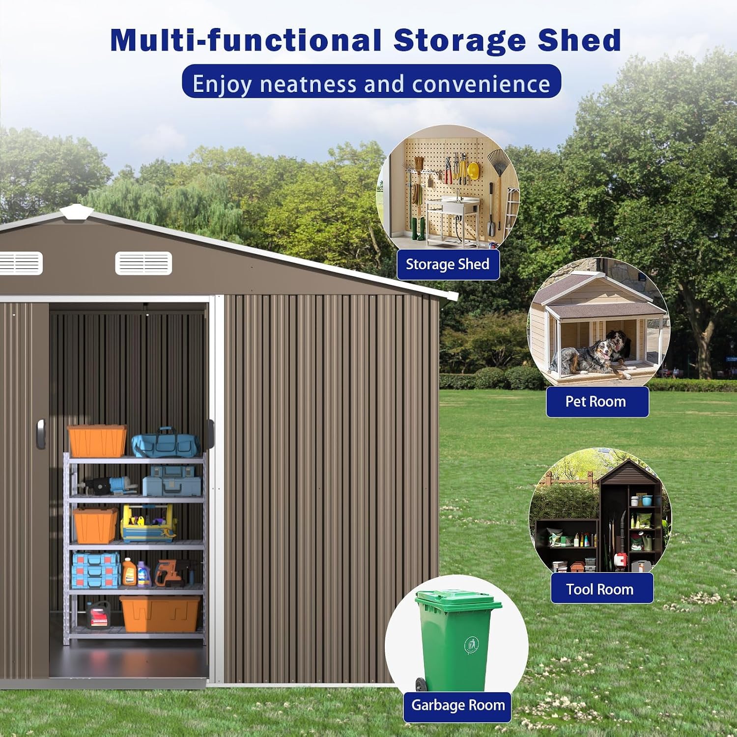 ALAULM 10'x8' Outdoor Storage Shed Outdoor Galvanized Metal Tool Shed with Vents & Sliding Door, Waterproof Garden Shed for Patio,Lawn,Backyard to Store Bikes,Tools-Brown
