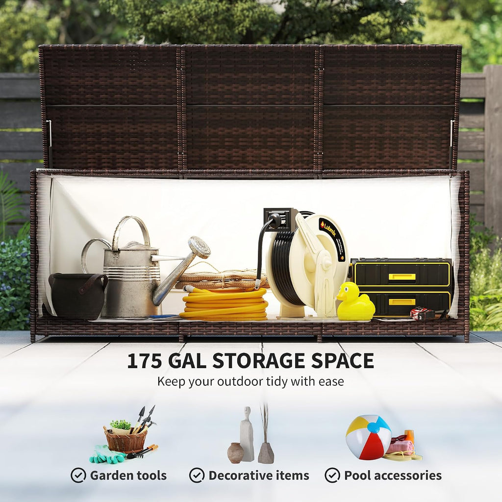 Outsunny 175 Gallon Outdoor Storage Box with Inner Liner, PE Rattan Wicker Deck Box with Pneumatic Bar Lift for Indoor & Outdoor, Patio Furniture Cushions, Pool Supplies, Garden Tools, Mixed Brown