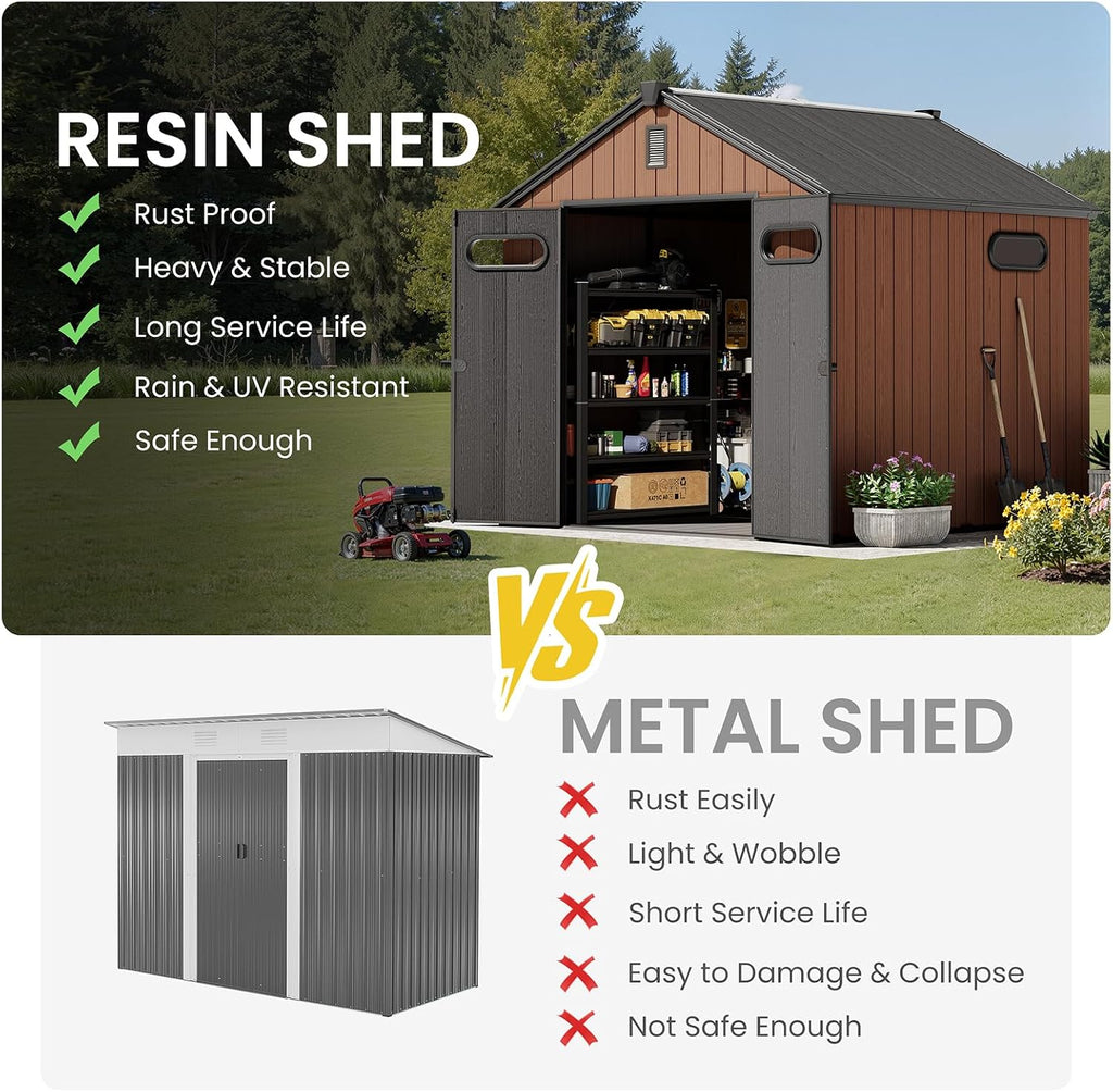 CRESTLIVE 8x8 FT Rust-Resistant Plastic Outdoor Storage Shed, Waterproof Resin Garden Shed with Floor, Doors, Skylight & Vent for Lawn Tools & Bikes
