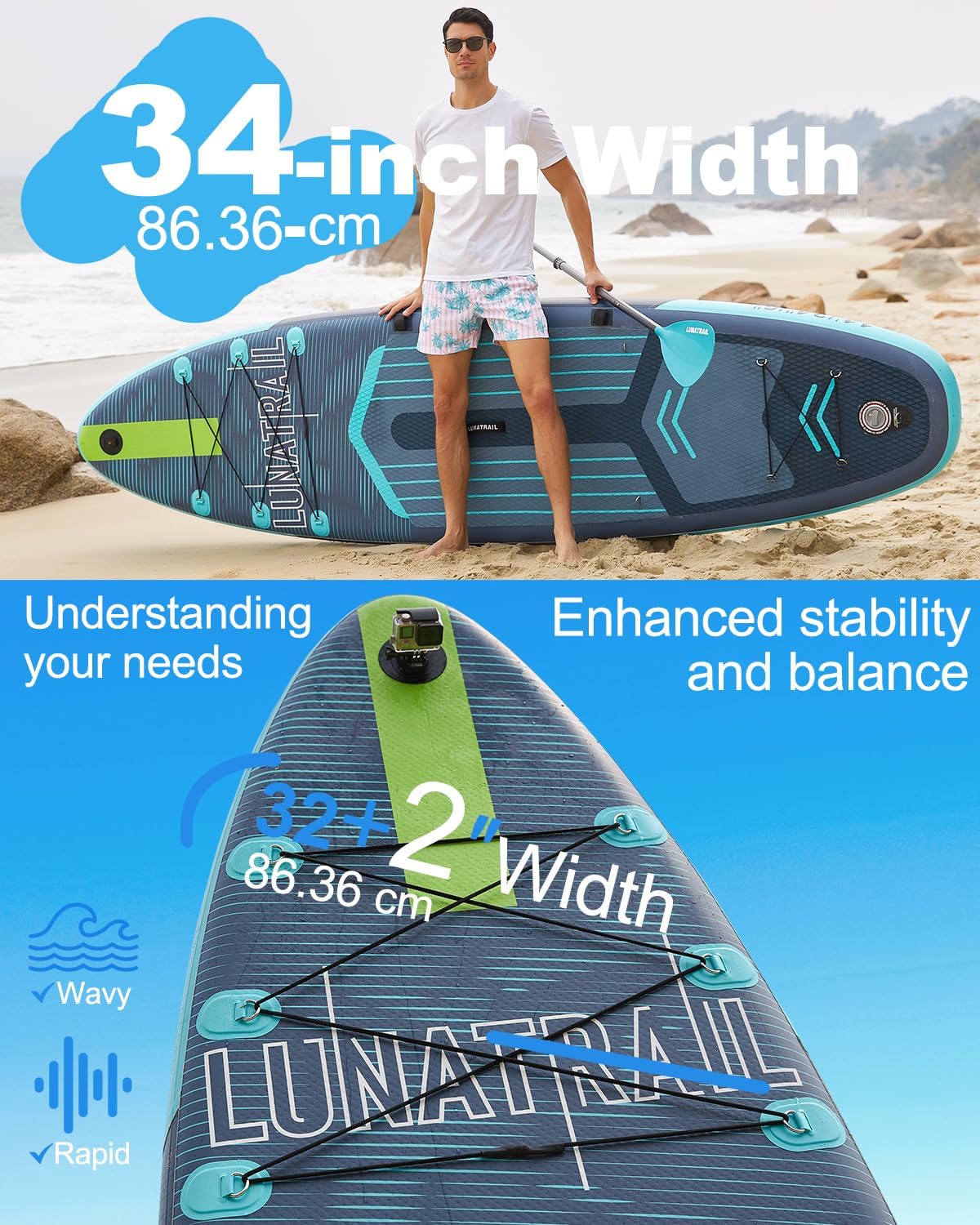 【11'×34'】 Extra Long/Extra Wide Premium Inflatable Stand Up Paddle Board (SUP) – Portable & Lightweight for Yoga, Surfing, Family Fun | Complete Kit with Paddle, Pump, Bag | Durable Design
