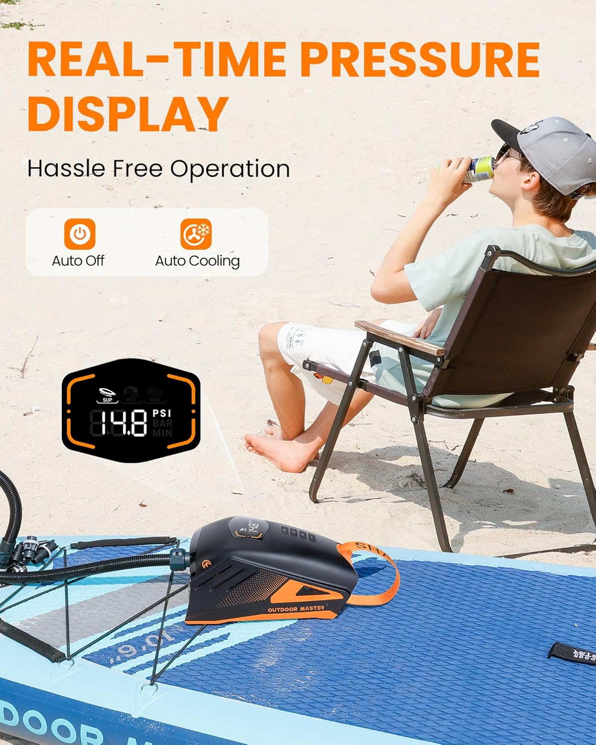 OutdoorMaster Shark 3 Paddle Board Pump Electric - 3'50' Fast Inflation, 20PSI 74Wh Rechargeable SUP Air Pump- Auto-Off & Deflation, 12V/15.8V DC & Type-C Input, 8 Nozzles for Inflatables, Boats,Kites