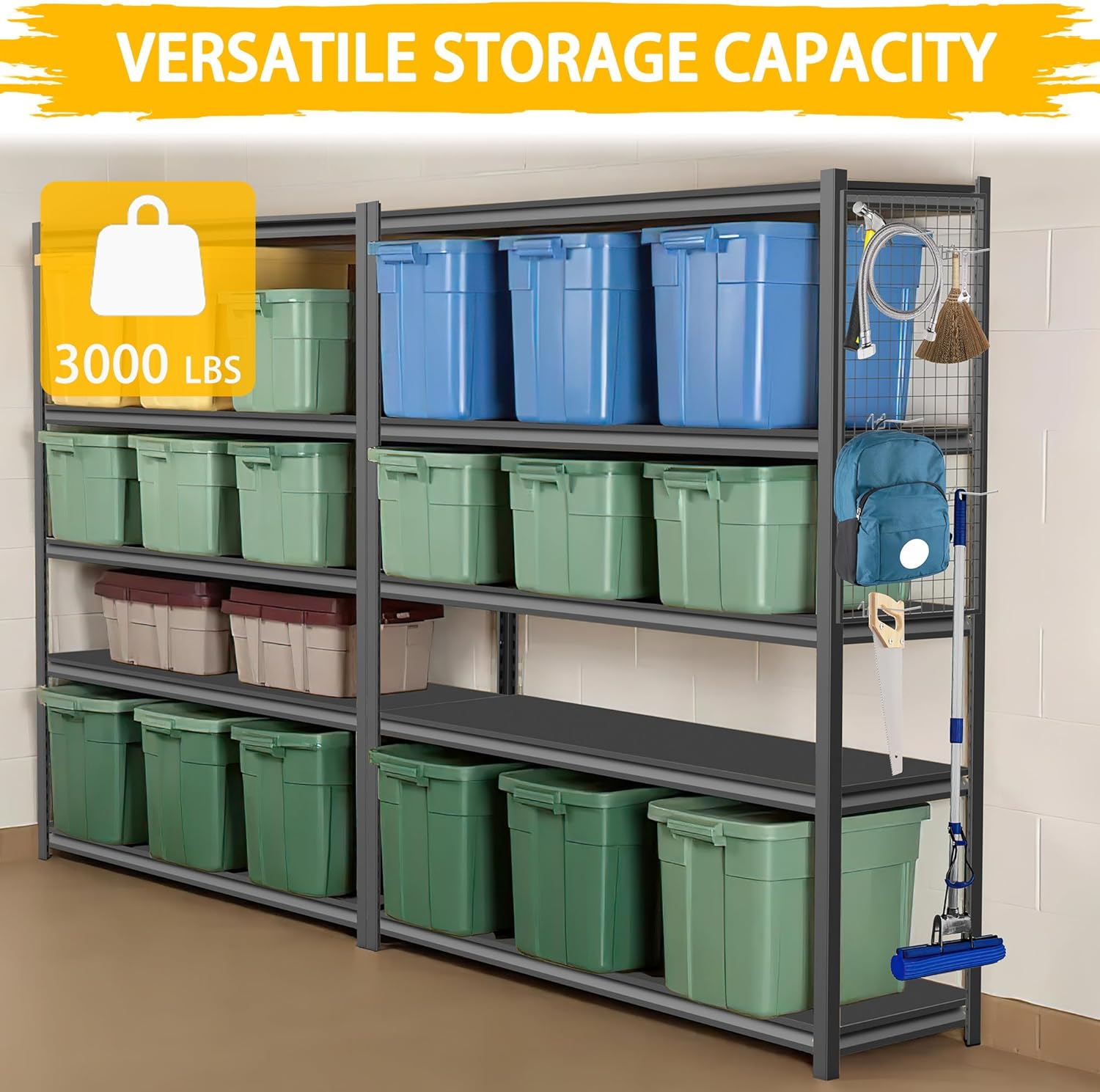 Standing Shelf Units 72' H x 48″W x 20' D,Heavy Duty Garage Shelving Units and Storage, 3000LBS 5-Tier Metal Shelves, Storage Rack for Garage Organization, Basement, Workshop, 1Pack