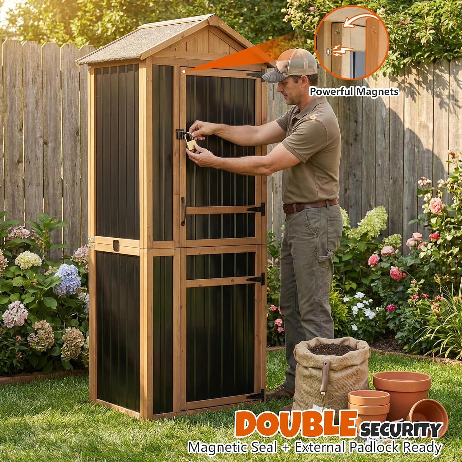 4-Tier Metal & Wood Outdoor Storage Cabinet with Reinforced Frame, Weatherproof Asphalt Roof, Adjustable Shelves, Lockable Doors for Patio, Garden, Garage Organization