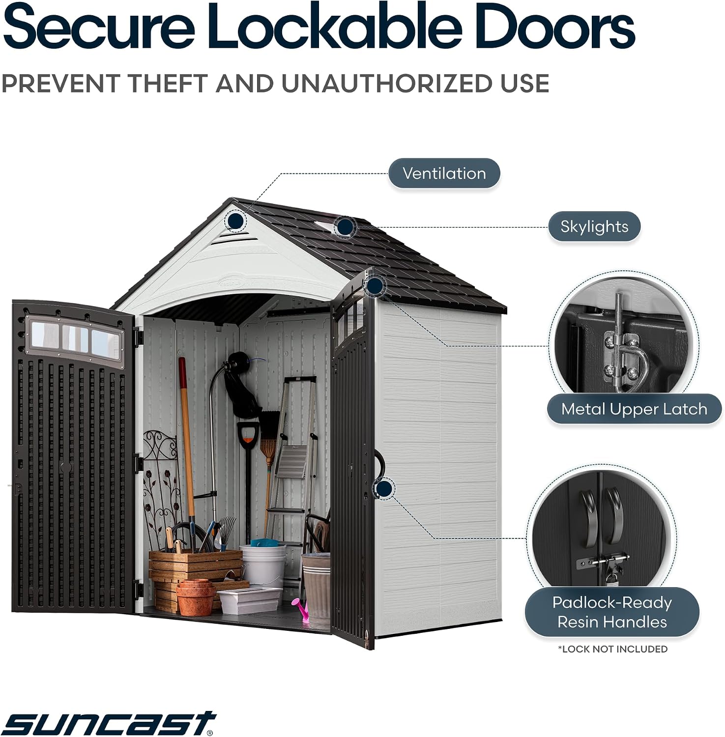 Suncast 7x4 Ft. Vista Vertical Resin Shed - Outdoor Storage Shed with Floor, Double Doors, IllumiVent™ Ventilation, Reinforced Resin Panels - Ideal for Ladders, Long-Handled Tools, & Garden Equipment