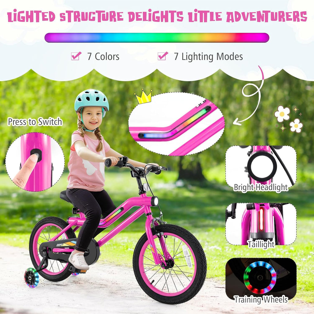 BABY JOY Lighted Kids Bike, 16 18 Inch Children Bicycle with 7-Mode LED Lighted Frame, Headlight, Flash Training Wheels, Dual-Brake, 95% Pre-Assembled, Girls Boys Bike for 4-8 Years
