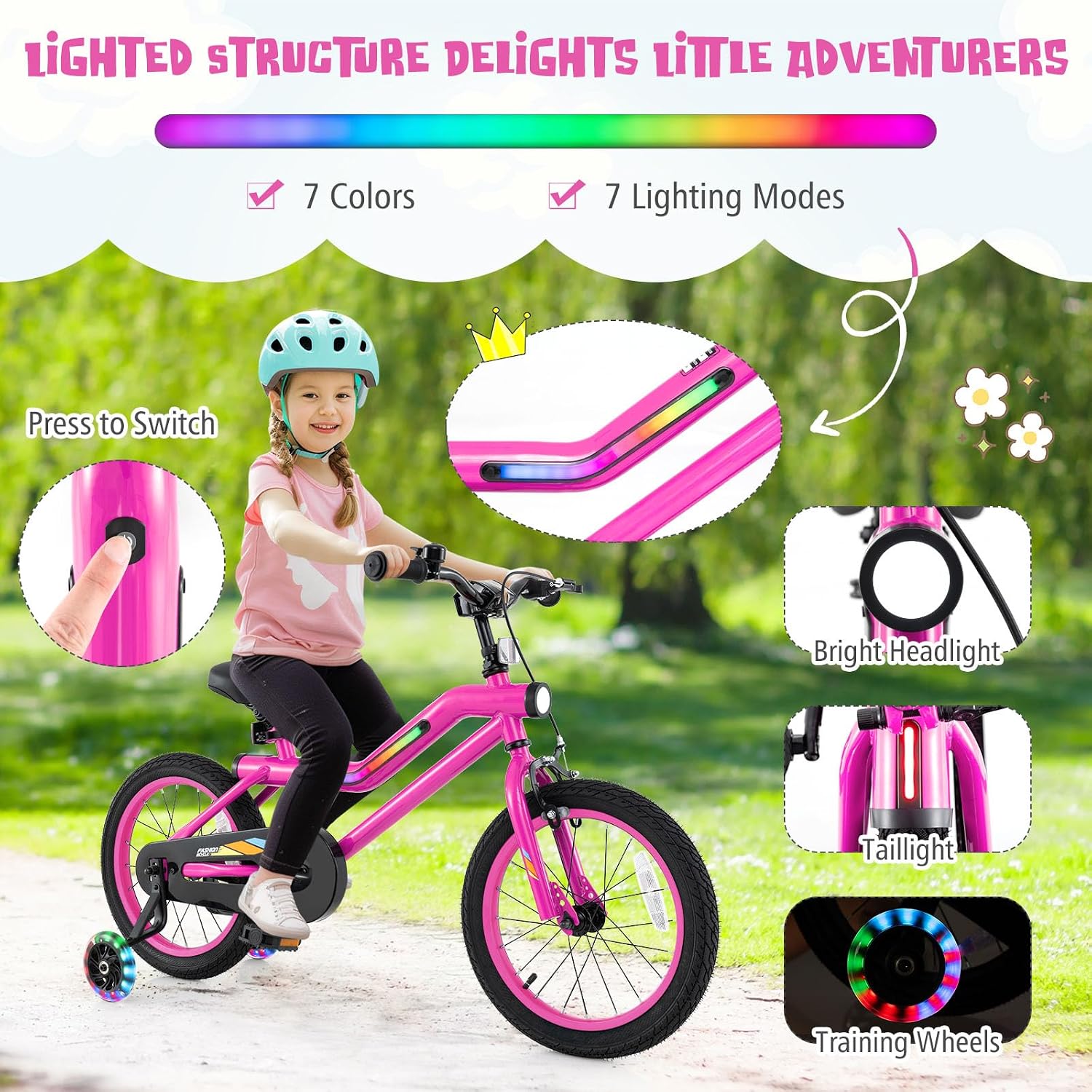 BABY JOY Lighted Kids Bike, 16 18 Inch Children Bicycle with 7-Mode LED Lighted Frame, Headlight, Flash Training Wheels, Dual-Brake, 95% Pre-Assembled, Girls Boys Bike for 4-8 Years