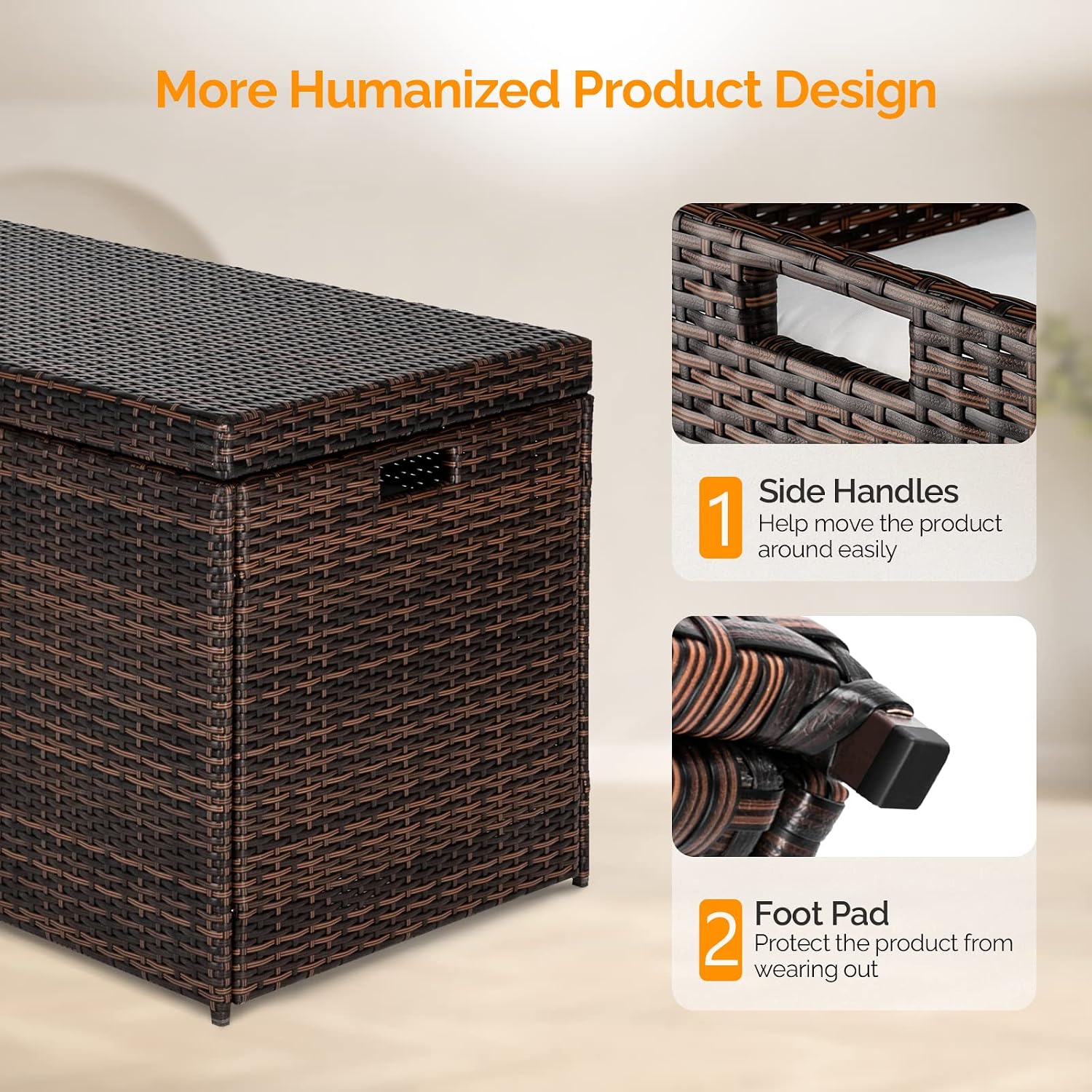 VINGLI Upgraded Version 132 Gallon Outdoor Storage Box, Patio Rattan Deck Box, Wicker Storage Bench for Indoor, Outdoor, Pool, Balcony, Yard, Garden, Brown