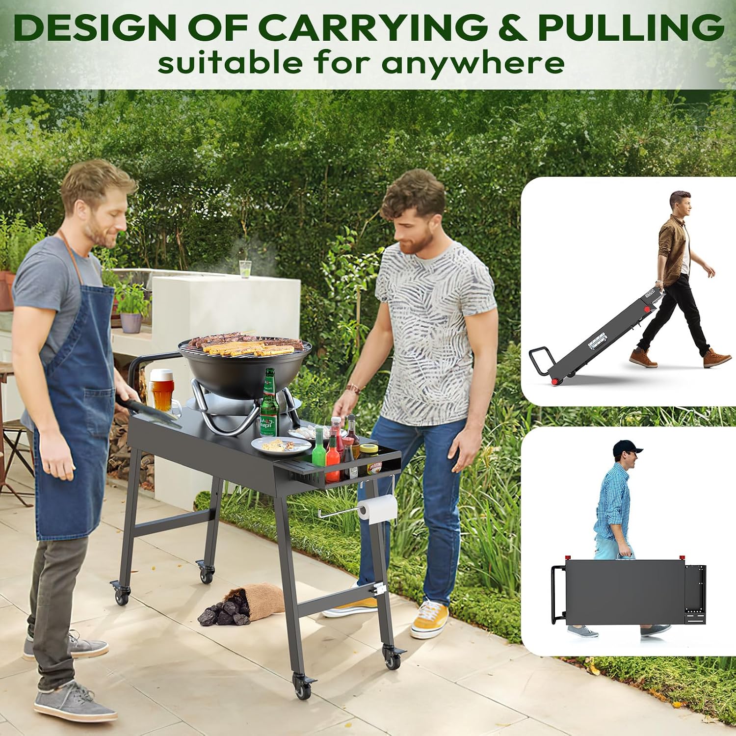 NUUK 31'x17' Heavy Duty Folding Grill Table Cart with Locking Wheels Side Shelves 300LBS Capacity for Griddles Pizza Ovens Outdoor Cooking Perfect for Outdoor Countertop and Grill Prep Table Use