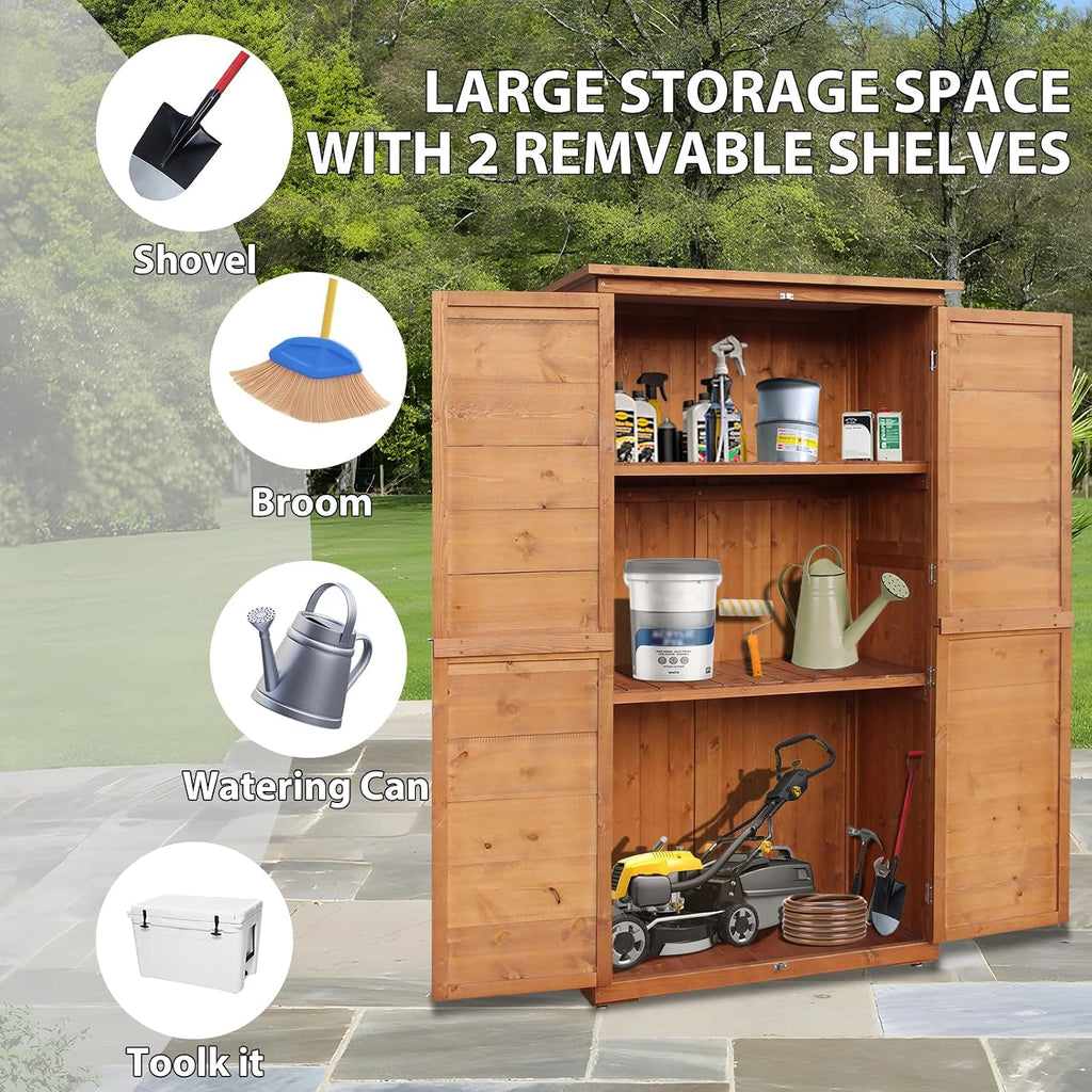 Outdoor Storage Cabinet, Wood Garden Shed, Pool Storage Shed with Lockable Door, Waterproof Roof and 2 Removable Shelves, Vertical Outside Storage Shed for Patio, Backyard and Lawn, Oak Brown