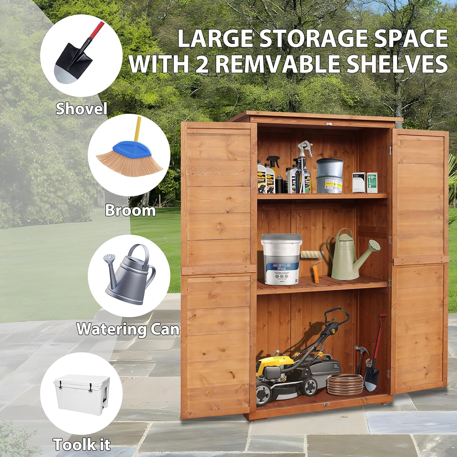 Outdoor Storage Cabinet, Wood Garden Shed, Pool Storage Shed with Lockable Door, Waterproof Roof and 2 Removable Shelves, Vertical Outside Storage Shed for Patio, Backyard and Lawn, Oak Brown