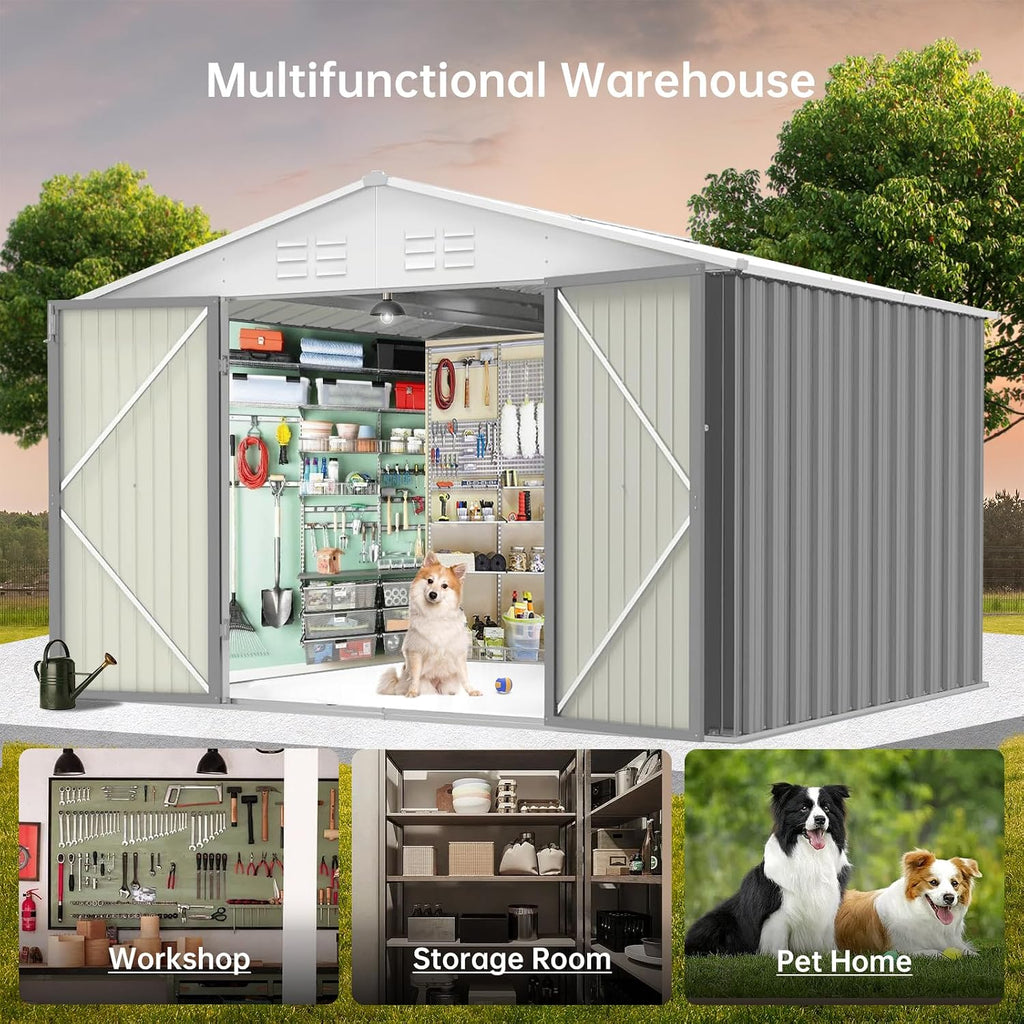 GarveeLife 7.5 x 8.5 ft Outdoor Storage Shed with Updated Frame Structure & Lockable Door, Waterproof Practical Garden Patio Lawn Poolside Metal Tool Shed Designed for Organization & Storage, Gray