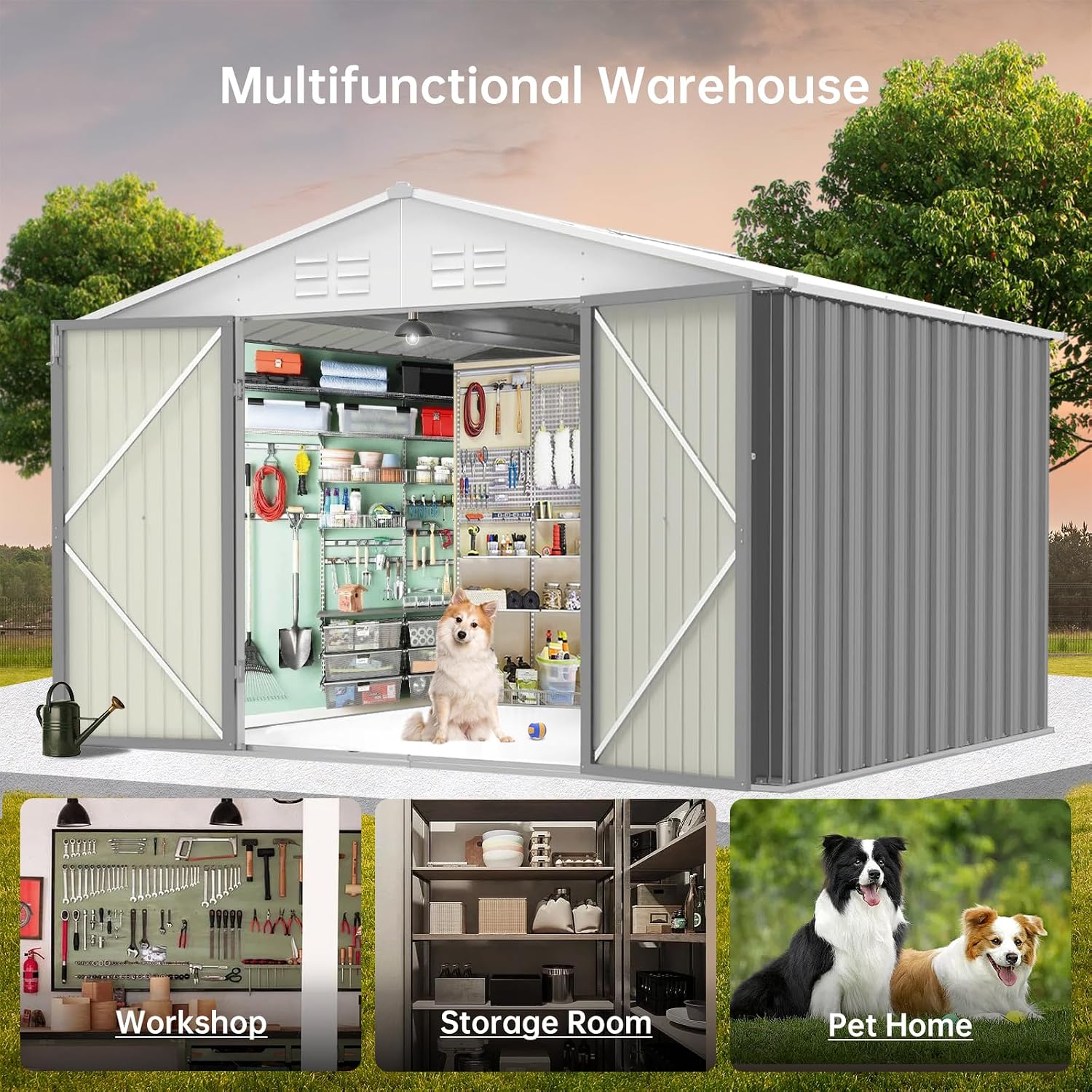 GarveeLife 7.5 x 8.5 ft Outdoor Storage Shed with Updated Frame Structure & Lockable Door, Waterproof Practical Garden Patio Lawn Poolside Metal Tool Shed Designed for Organization & Storage, Gray