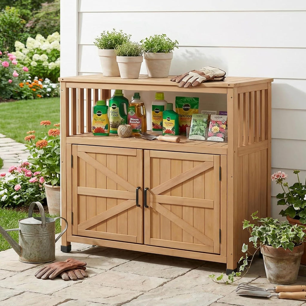 Mederlo Wooden Patio Bar Table with Storage, Cedar Outdoor Buffet Cabinet Sideboard, 42 x 18 x 37 in Serving Station with Double-Layer Tabletop for Patio, Deck, Backyard, Indoor