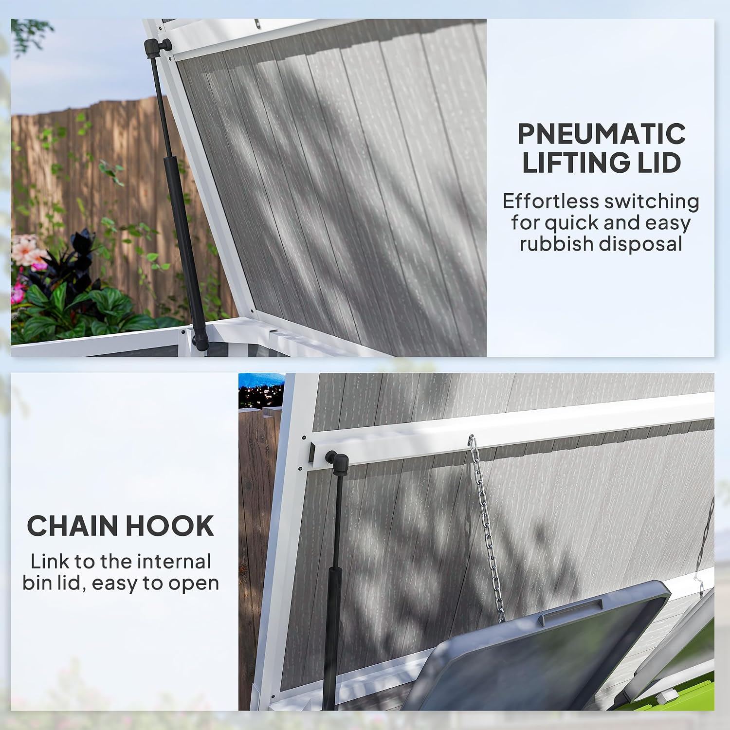 Outsunny 41 Cu. Ft. Outdoor Storage Shed with Chain Lid, Waterproof Outdoor Horizontal Trash Can Storage with Lockable Storage Box for Trash Cans, Garden Tools, Gray
