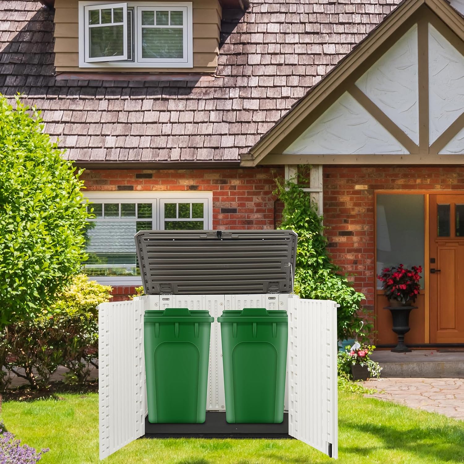 VINGLI Outdoor Horizontal Storage Shed Waterproof with 34 Cubic Feet Storage Space, 50' x 29' x 41' Patio Storage Cabinets for Garbage Cans, Bike, Tools， Deck Box for Yard, Porch, Garden, White