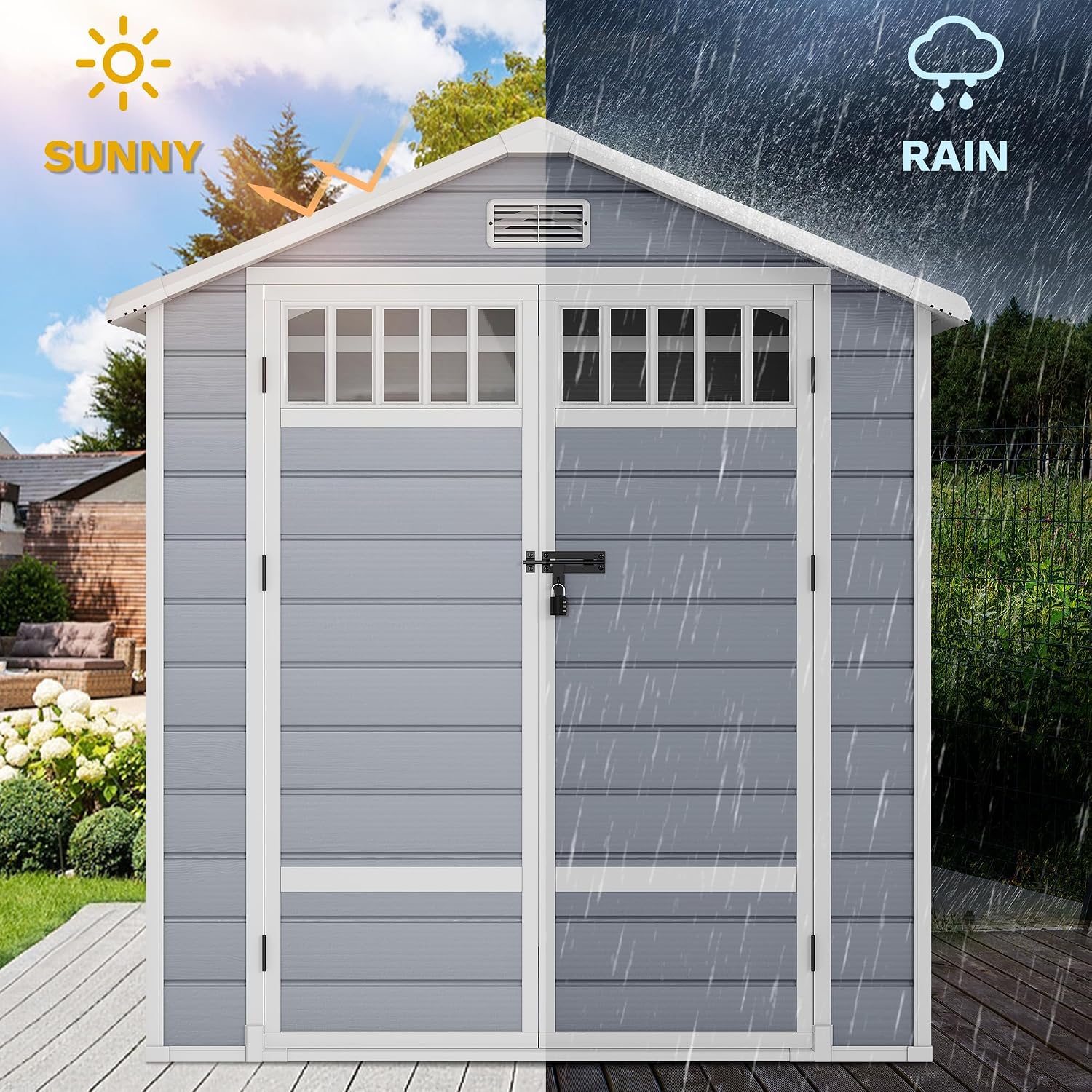 DWVO 6x4.4 FT Resin Storage Shed with Fence-Style and Side Windows, Lockable Door, and Vents for Garden, Backyard, Patio, Lawn, Gray