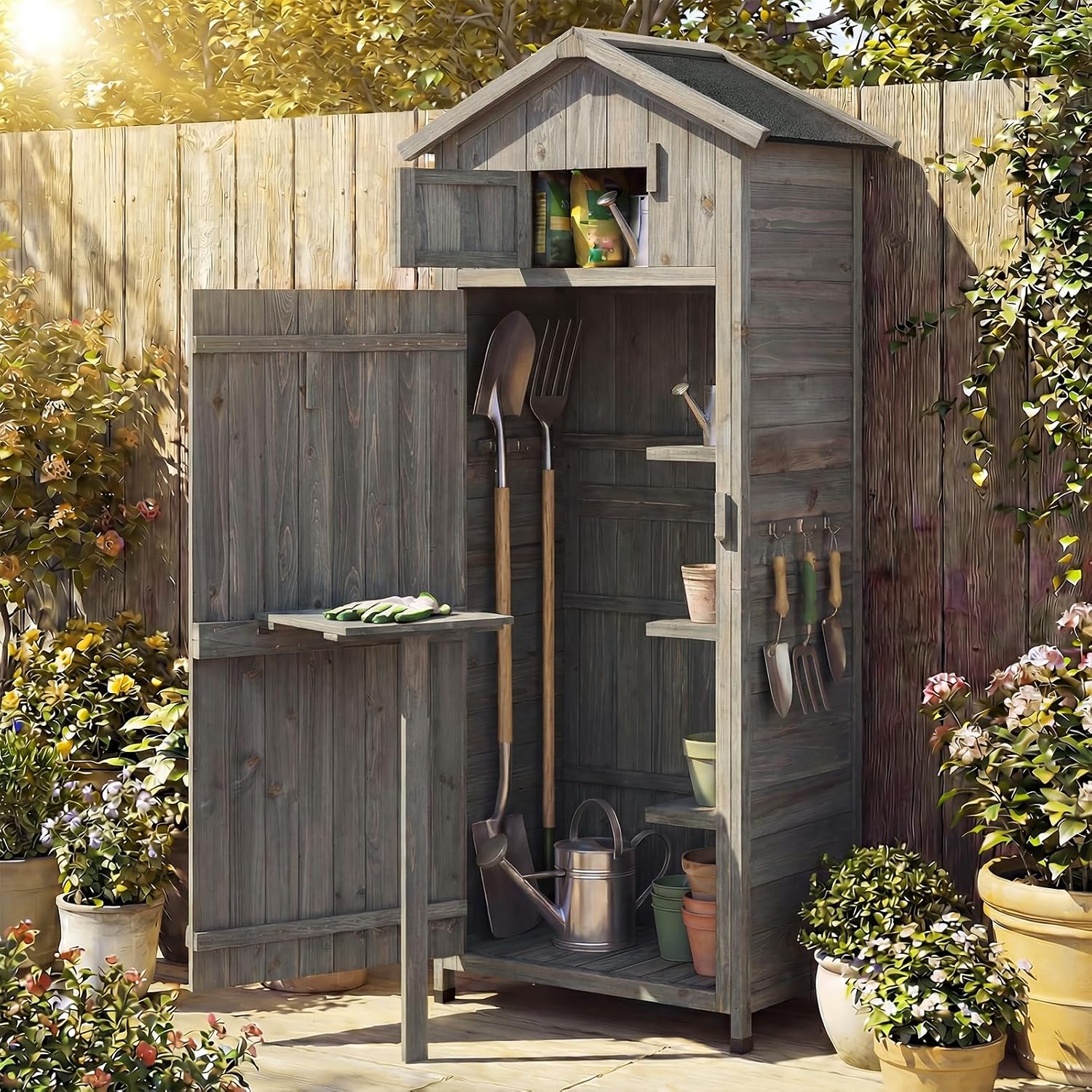 Goplus All-in-One Storage Shed, 70' Tall Wooden Lockable Cabinet w/Foldable Work Table, Vertical Utility Tool Organizer w/Shelves & Hooks, Waterproof Garden Shed for Patio Backyard (Gray)