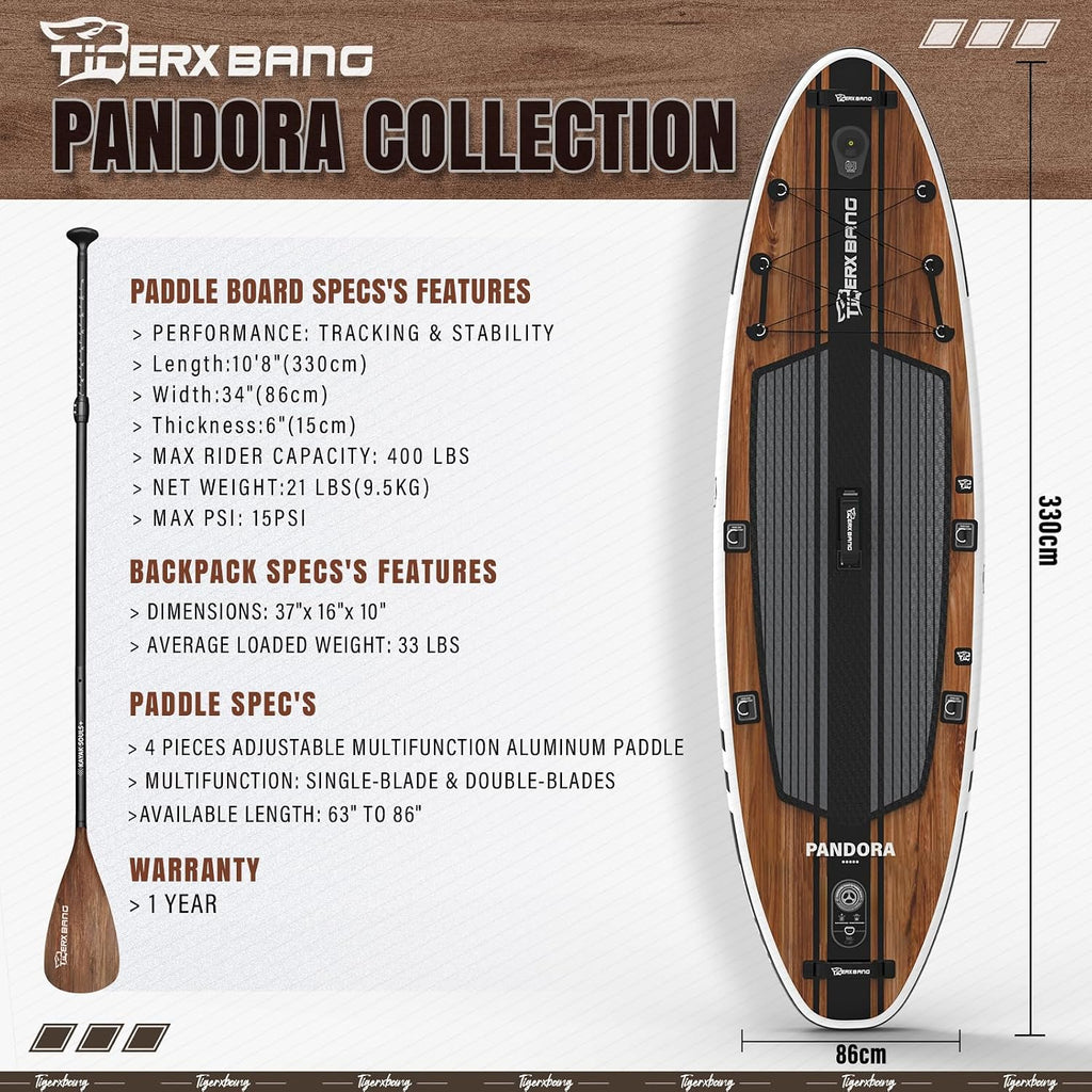 TIGERXBANG Paddle Board, 10.8' Stand Up Paddle Board with Premium Complete Inflatable SUP Accessories, Extra Wide Paddleboards for Adults & Kids-Pandora Collection