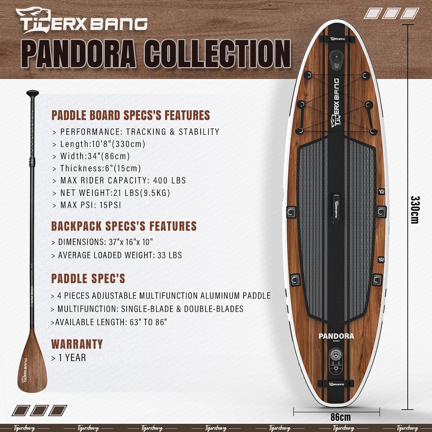 TIGERXBANG Paddle Board, 10.8' Stand Up Paddle Board with Premium Complete Inflatable SUP Accessories, Extra Wide Paddleboards for Adults & Kids-Pandora Collection