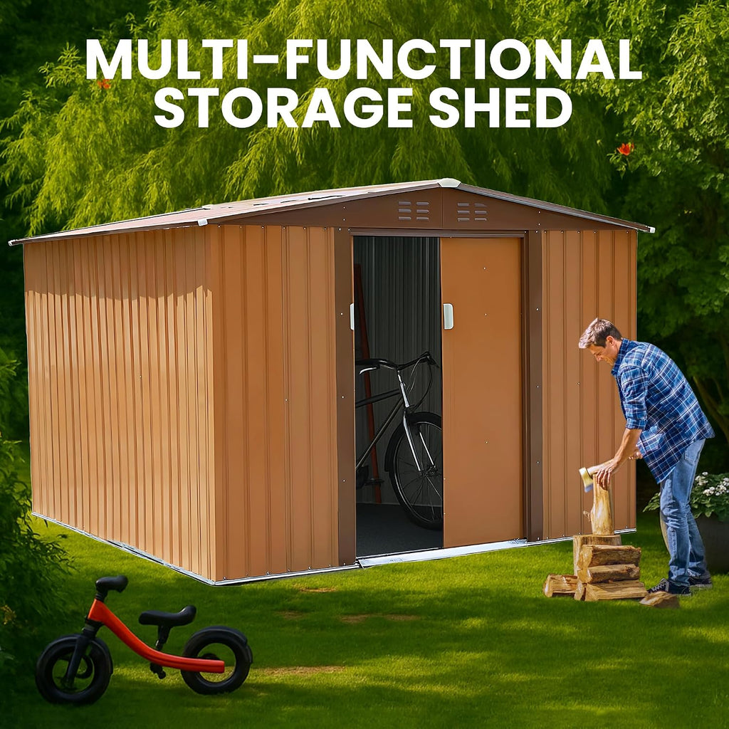 8x8 FT Outdoor Storage Shed, Large Metal Garden Shed with Sliding Doors & Updated Frame, All-Weather Steel Utility Shed for Backyard, Patio, Lawn, Coffee