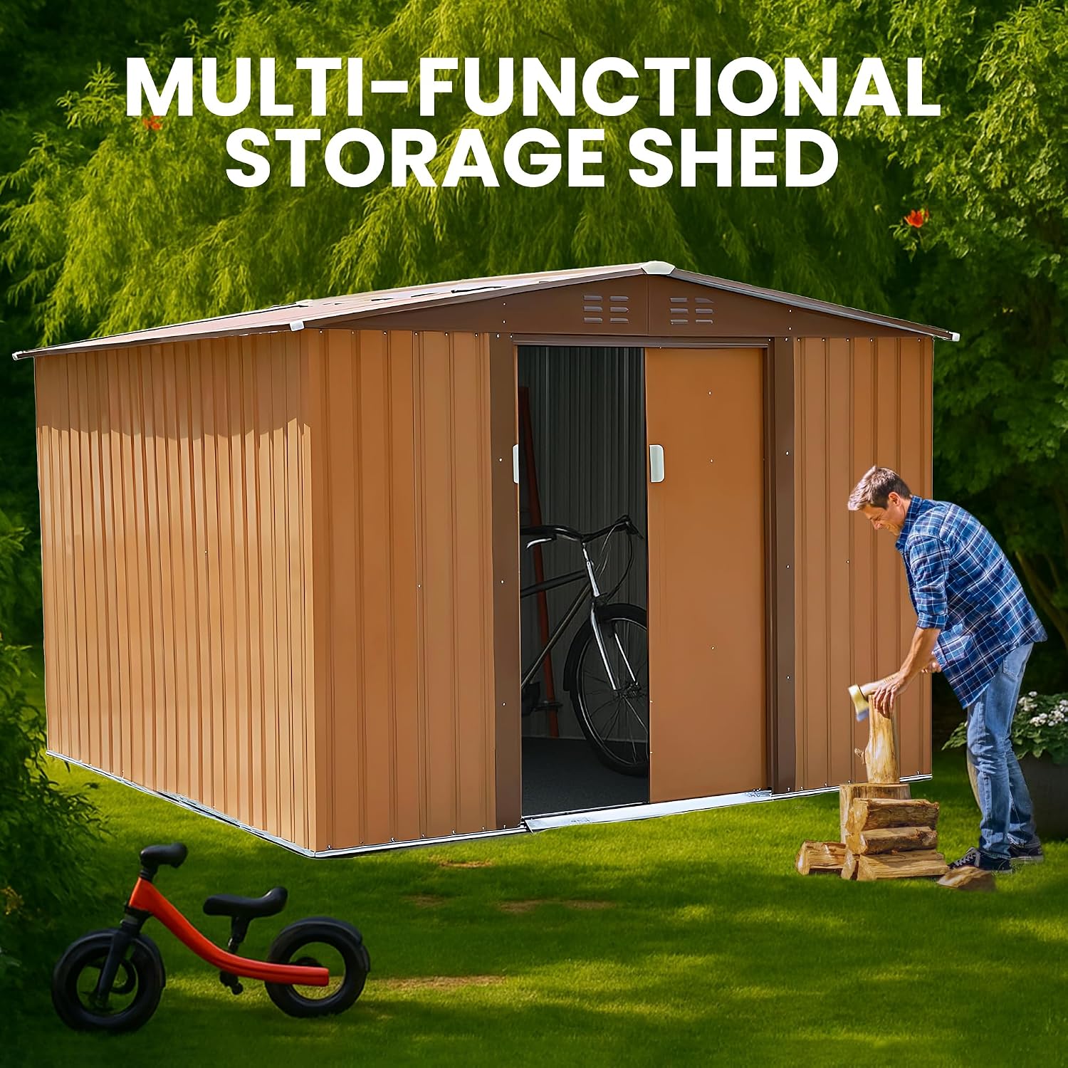 8x8 FT Outdoor Storage Shed, Large Metal Garden Shed with Sliding Doors & Updated Frame, All-Weather Steel Utility Shed for Backyard, Patio, Lawn, Coffee