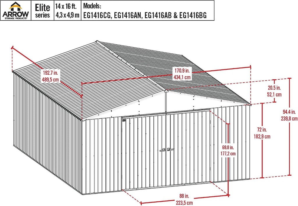 Arrow Shed Elite 14' x 16' Tall Outdoor Steel Storage Shed with High Gable and Lockable Doors Storage Building, Blue Grey