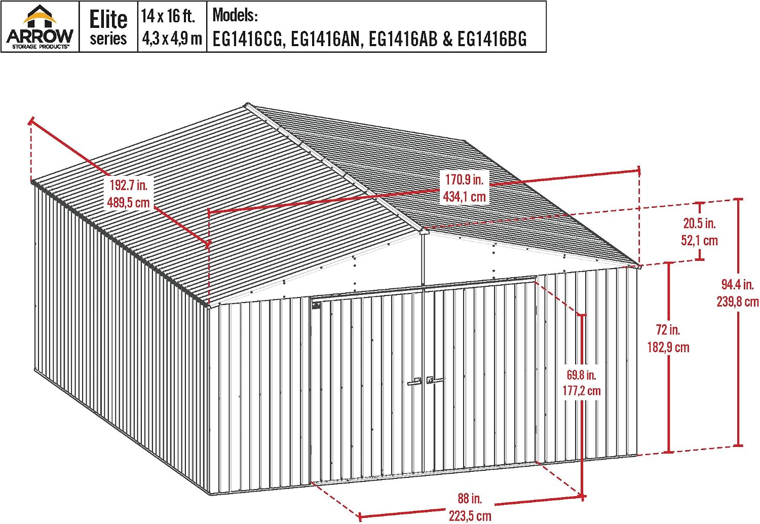 Arrow Shed Elite 14' x 16' Tall Outdoor Steel Storage Shed with High Gable and Lockable Doors Storage Building, Blue Grey