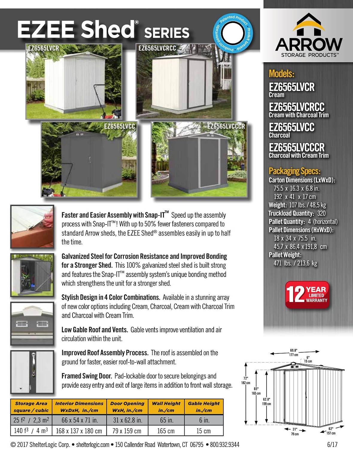 ARROW 6' x 5' EZEE Galvanized Steel Low Gable Shed Charcoal, Storage Shed with Peak Style Roof