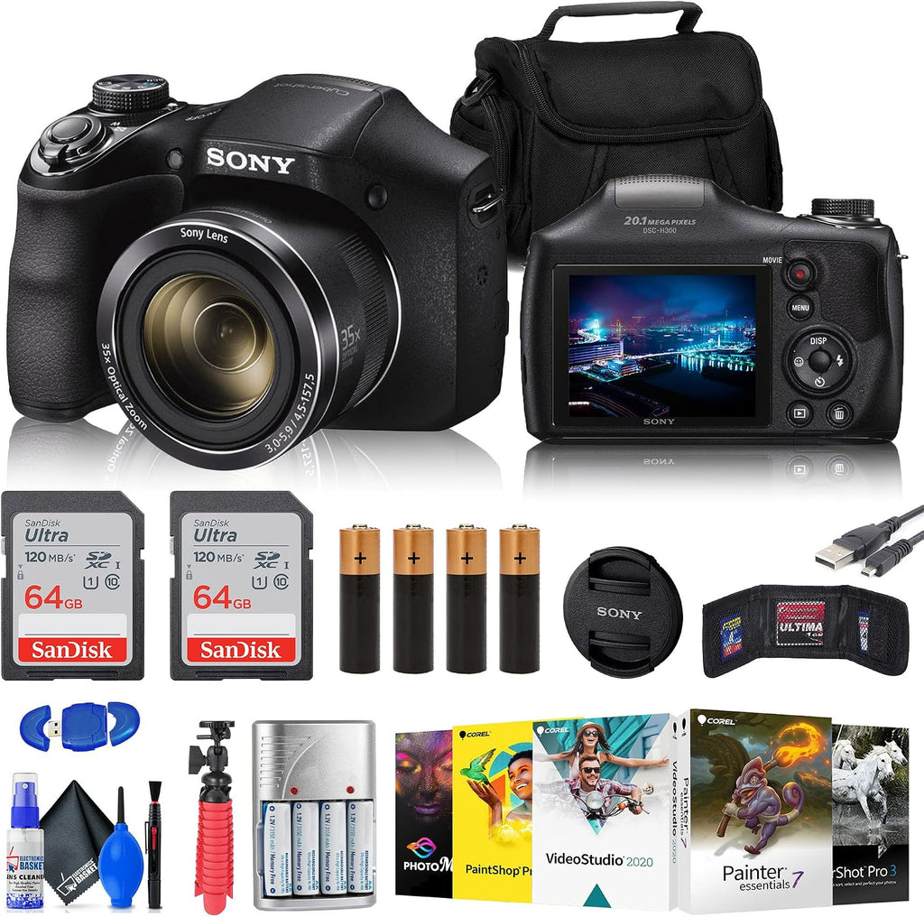 Sony Cyber-Shot DSC-H300 Digital Camera (Black) (DSCH300/B) + 2 x 64GB Memory Card + Card Reader + Photo Software + Case + Flex Tripod + 4xAA Batteries + Memory Wallet + Cleaning Kit (Renewed)