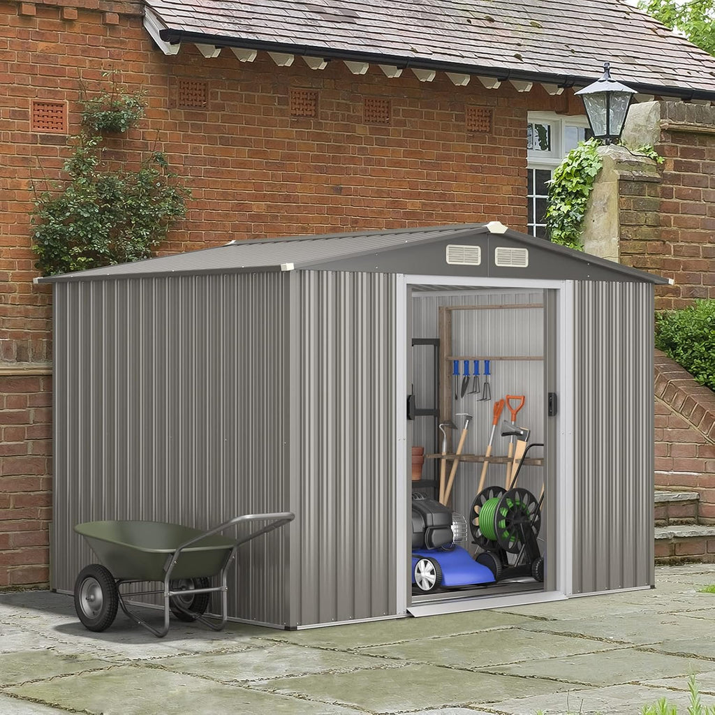 Goplus Outdoor Storage Shed, 8.5' x 6.8' x 6' Weather-Resistant Utility Tool Organizer w/Foundation, 4 Louvers, Double Doors & Ramp, Galvanized Steel Tool Shed for Garden, Lawn, Yard