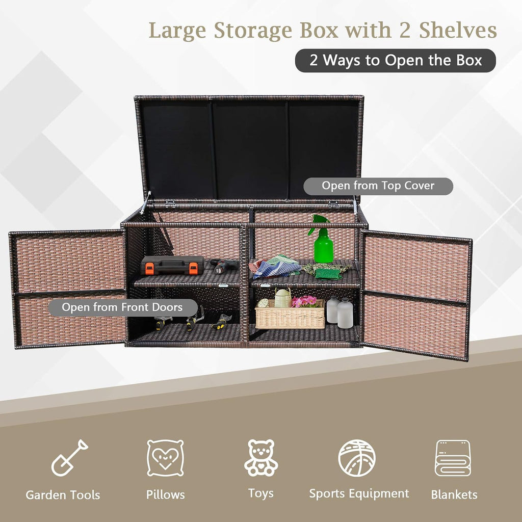 Tangkula 73 Gallon Outdoor Wicker Storage Box, Garden Deck Bin with Steel Frame, Rattan Storage Box with Lid, Ideal for Storing Tools, Accessories