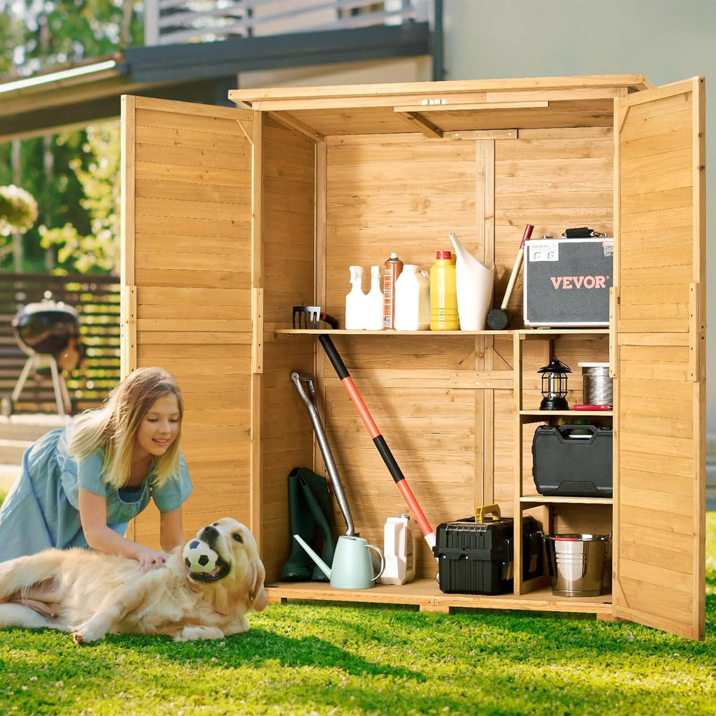 VEVOR Outdoor Storage Shed, Large Wooden Outside Storage Cabinet with Waterproof Roof and Metal Frame, Double Lockable Doors Garden Tool Shed Storage House Cabinet with Shelves, 55.1'x23.6'x67.5'