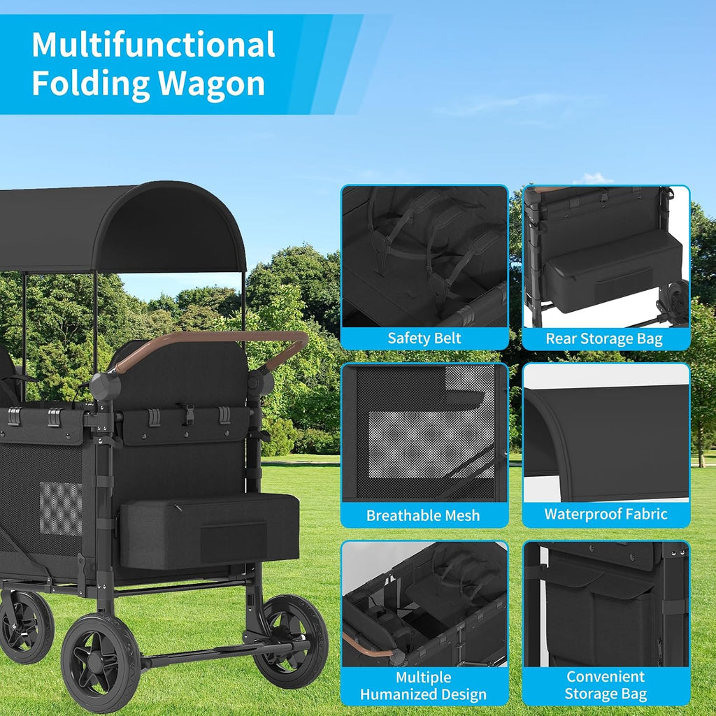 4 Seater Wagon Stroller,Foldable Stroller with Safety Belt, Puncture-Proof Tires, All-Terrain Wagon with 360° Swivel Lockable Wheels, Large Storage Bag, Canopy,51.18 * 31.5 * 43.31 in.