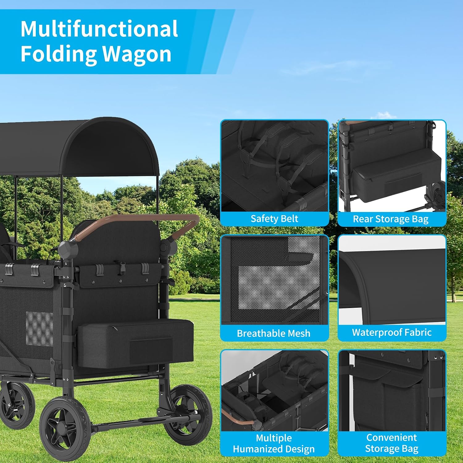 4 Seater Wagon Stroller,Foldable Stroller with Safety Belt, Puncture-Proof Tires, All-Terrain Wagon with 360° Swivel Lockable Wheels, Large Storage Bag, Canopy,51.18 * 31.5 * 43.31 in.