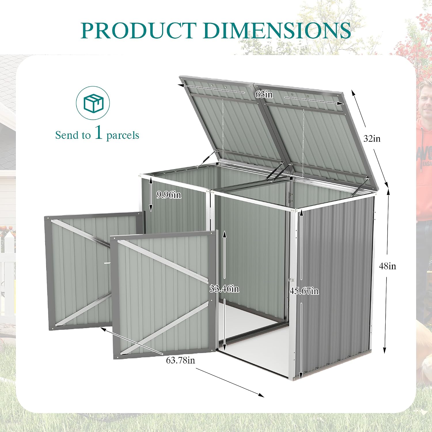 54 Cu Ft Outdoor Storage Shed, Metal Garbage Tool Trash Can Storage, Stainless Galvanized Steel, Pneumatic Support Rod, 2 Chains, Bike Storage Shed for 2 Trash Bins (Light Gray)