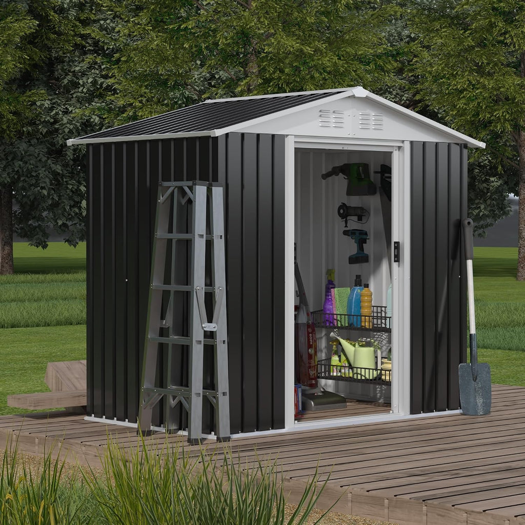 Outdoor Sheds 6FT x 4FT Outdoor Storage, Metal Anti-Corrosion Utility Tool House with Lockable Door & Shutter Vents，Outdoor Waterproof Garden Tool Metal Storage Sheds（Grey）
