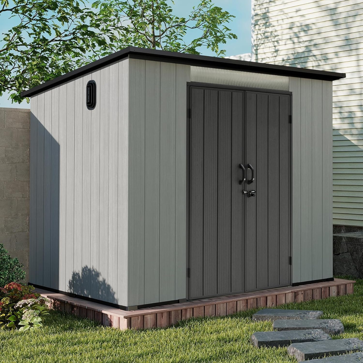 Domi 6x9FT Resin Outdoor Storage Shed with Sloping Roof, Waterproof Outside Sheds with Windows & Vents, Heavy-Duty Plastic Tool Storage Shed for Patio Furniture, Lawn Mower, Bike