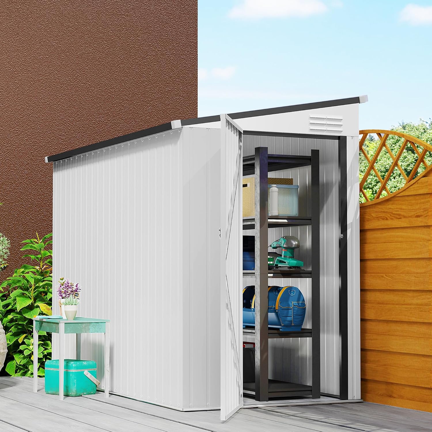 Outsunny 4' x 7.7' Metal Outdoor Storage Shed, Lean to Storage Shed, Garden Tool Storage House with Lockable Door and 2 Air Vents for Backyard, Patio, Lawn, White