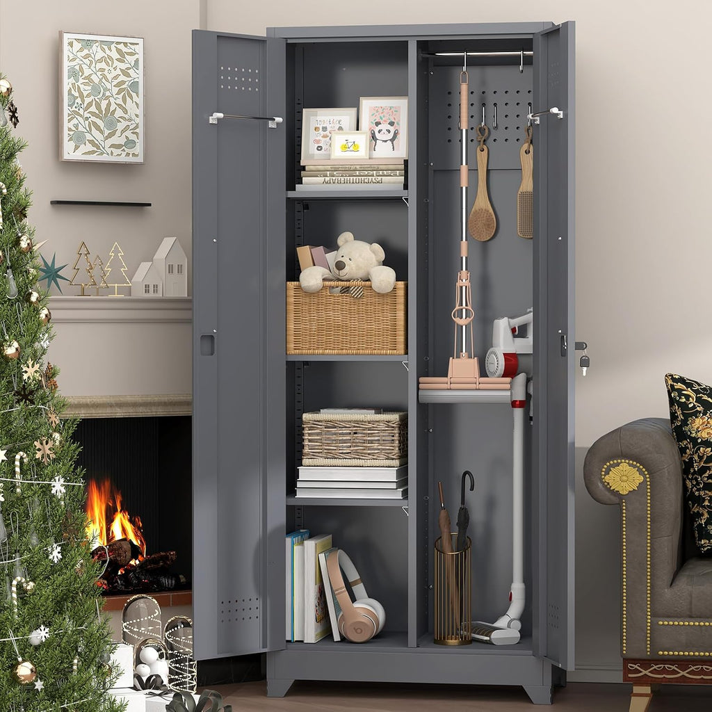 IRONFFICE Tall Storage Cabinet with Doors,Metal Garage Cabinet and Storage,Lockable Utility Closet Cabinets with Pegboard for Basement,Laundry Room,Grey